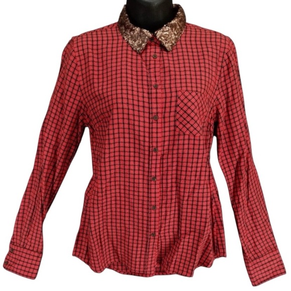Merona red plaid cotton button down with rose gold sequin collar - Picture 1 of 9